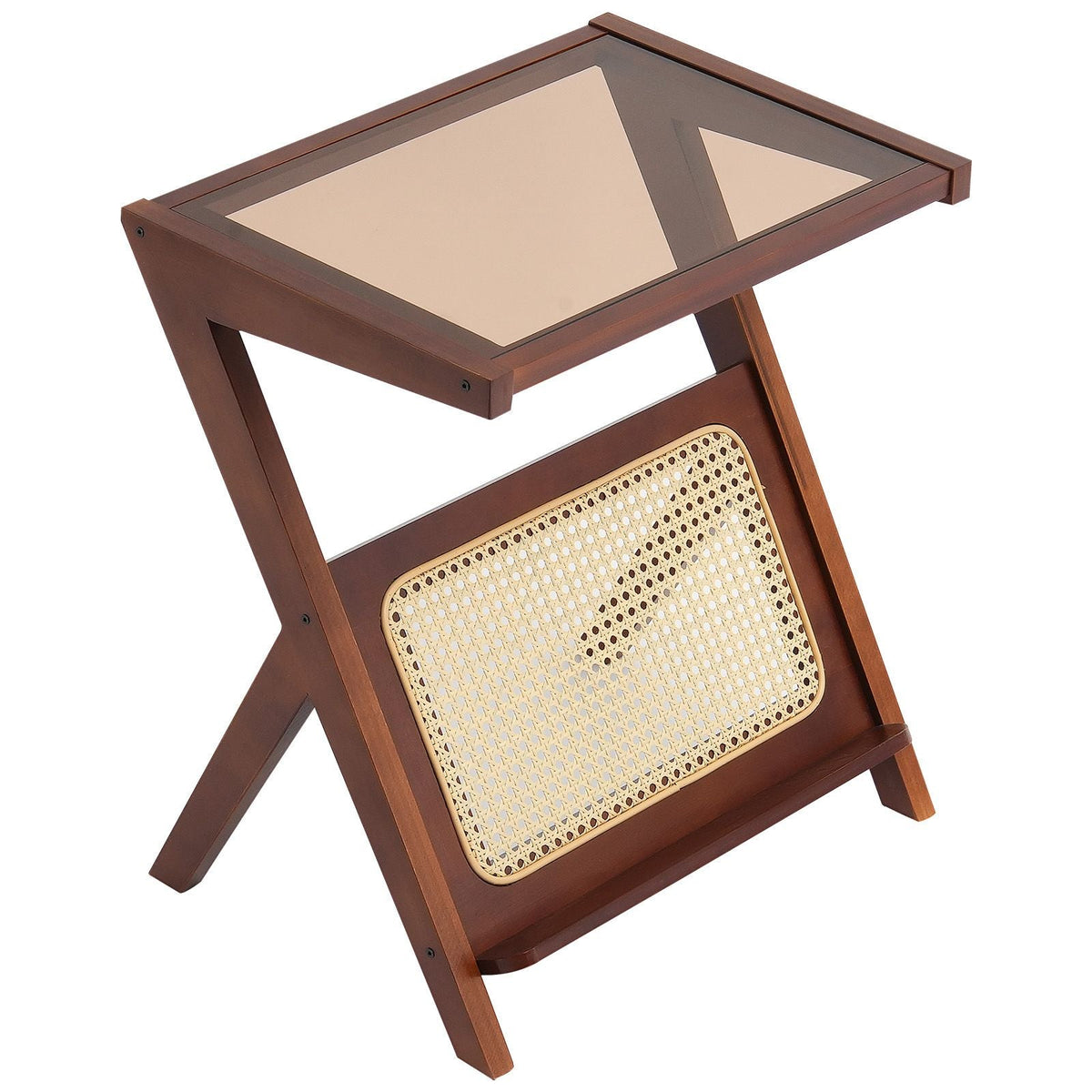 Rattan Coffee Table, Z-Shaped Rattan Woven Bamboo Coffee Table with Tempered Glass Top, 20' Modern Boho Storage Coffee Table with Natural Bamboo Legs, for Living Room, Bedroom & Small Spaces