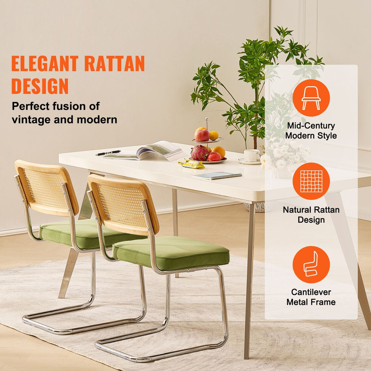 Rattan Dining Chairs Set of 2, Mid Century Modern Dining Chair, Upholstered Velvet Accent Chair with Rattan Back, Retro Dining Room Kitchen Chair for Living Room, Bedroom, Office (18.1 Inch)