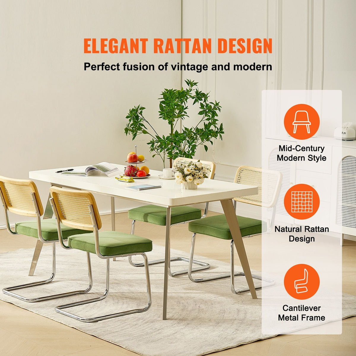 Rattan Dining Chairs Set of 4, Mid Century Modern Dining Chair, Upholstered Velvet Accent Chair with Rattan Back, Retro Dining Room Kitchen Chair for Living Room, Bedroom, Office (18.1 Inch)