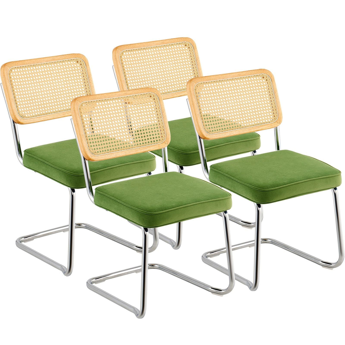Rattan Dining Chairs Set of 4, Mid Century Modern Dining Chair, Upholstered Velvet Accent Chair with Rattan Back, Retro Dining Room Kitchen Chair for Living Room, Bedroom, Office (18.1 Inch)