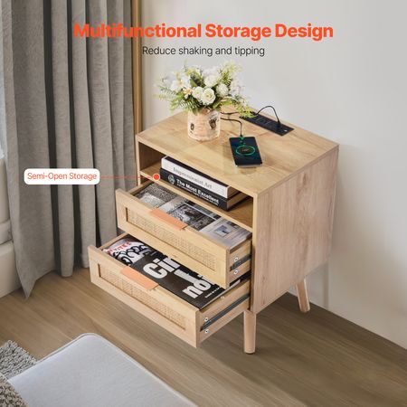 Rattan Nightstand, Boho Bedside Table with Open Shelf 2 Drawers, Rattan End Table Nightstand with Solid Wood Legs, Rattan Bedside Table with Charging Station, for Bedroom, Study & Living Room