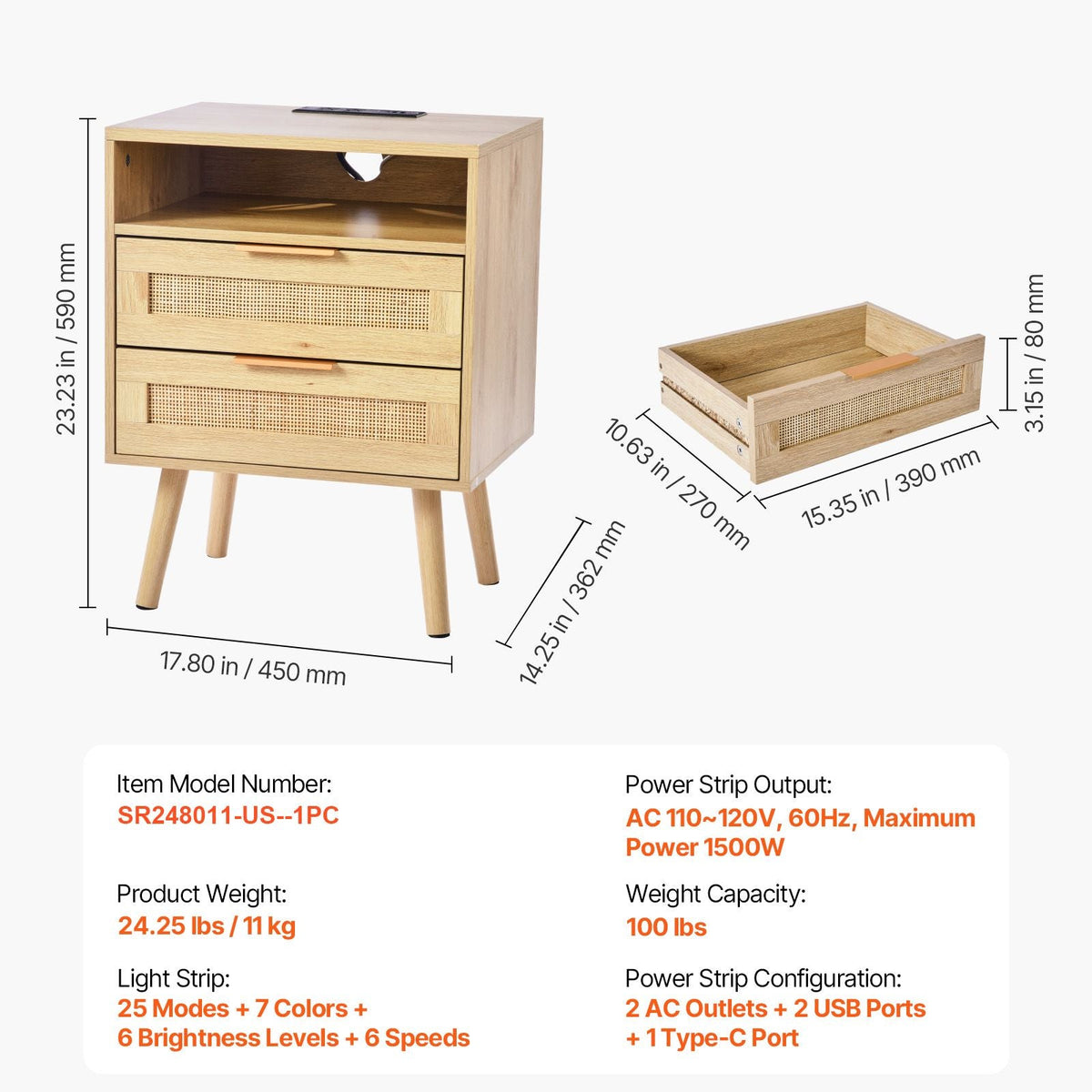 Rattan Nightstand, Boho Bedside Table with Open Shelf 2 Drawers, Rattan End Table Nightstand with Solid Wood Legs, Rattan Bedside Table with Charging Station, for Bedroom, Study & Living Room