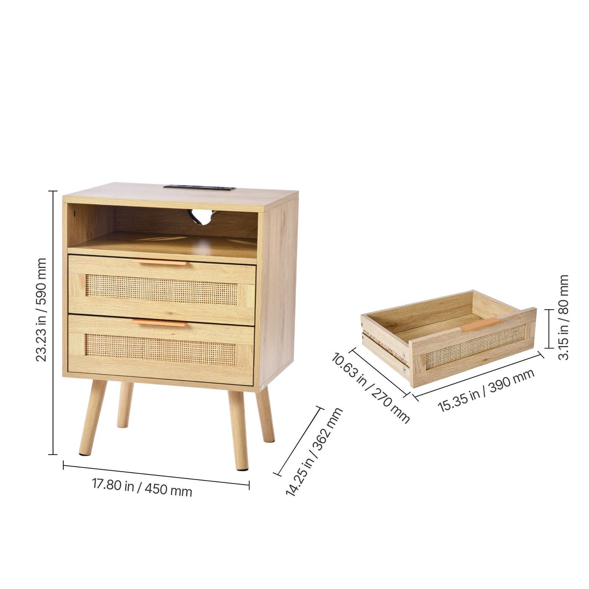 Rattan Nightstand, Boho Bedside Table with Open Shelf 2 Drawers, Rattan End Table Nightstand with Solid Wood Legs, Rattan Bedside Table with Charging Station, for Bedroom, Study & Living Room