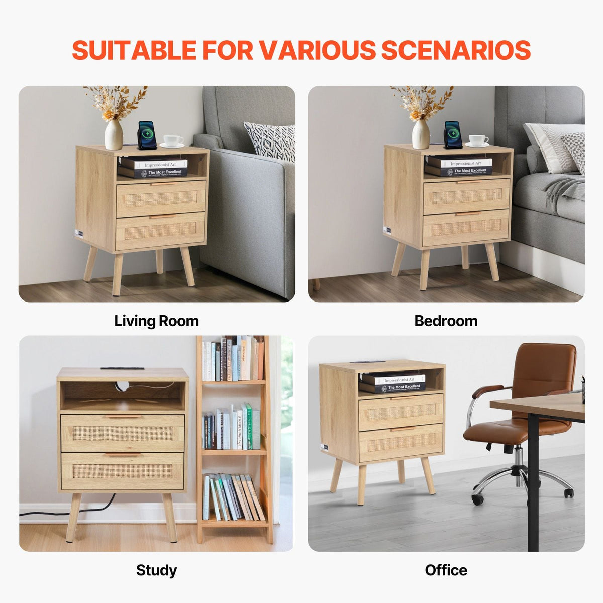 Rattan Nightstand, Boho Bedside Table with Open Shelf 2 Drawers, Rattan End Table Nightstand with Solid Wood Legs, Rattan Bedside Table with Charging Station, for Bedroom, Study & Living Room