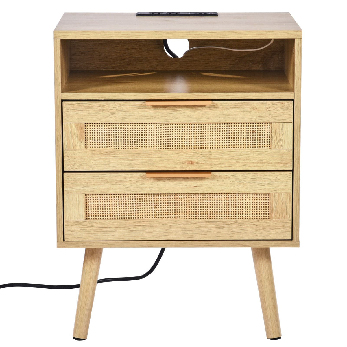 Rattan Nightstand, Boho Bedside Table with Open Shelf 2 Drawers, Rattan End Table Nightstand with Solid Wood Legs, Rattan Bedside Table with Charging Station, for Bedroom, Study & Living Room