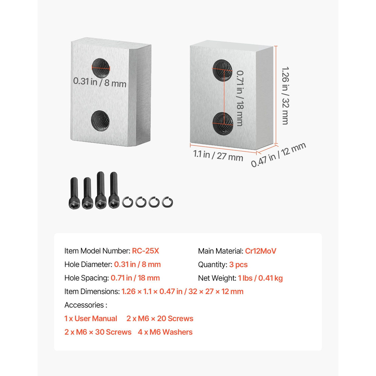 Rebar Cutter Blades, 6 Pcs Replacement Jaw Blades for 1Inch 25mm #8 Electric Rebar Cutter, Double-sided, CR12MOV High-Hardness Steel, Fast Efficient with Screws and Spring Washer, Silver