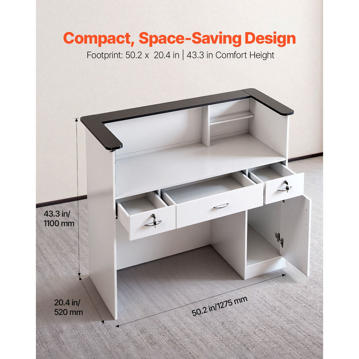 Reception Desk, 50 inch Rectangular Front Counter Table, Modern Office Reception Desk with Light Strip, 3 Drawers & Storage Cabinets, Retail Counter Table for Checkout, Lobby, Salon, Office