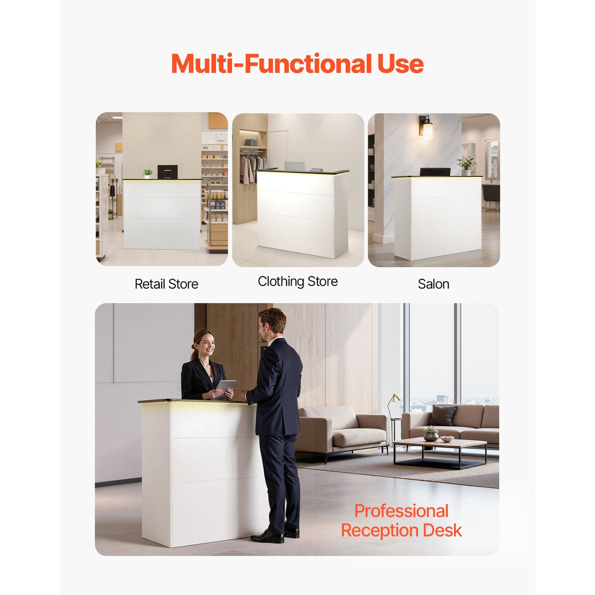 Reception Desk, 50 inch Rectangular Front Counter Table, Modern Office Reception Desk with Light Strip, 3 Drawers & Storage Cabinets, Retail Counter Table for Checkout, Lobby, Salon, Office