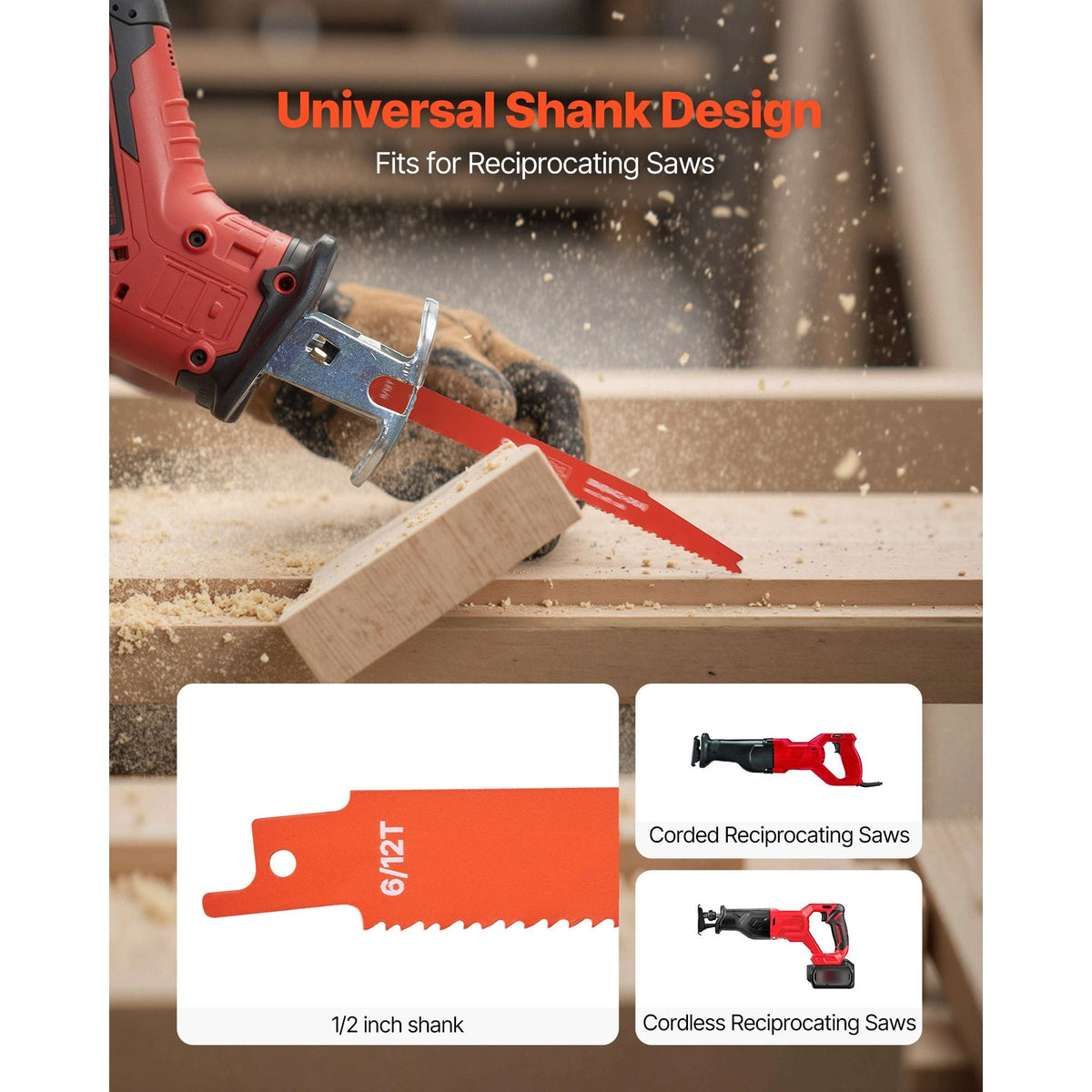 Reciprocating Saw Blades, 25 Pack, 6/12 TPI Bi-Metal Reciprocating Saw Blade Set with Universal Shank, Sharp Teeth for Fast and Smooth Cuts, for Wood and Nail-Embedded Wood Demolition, Orange