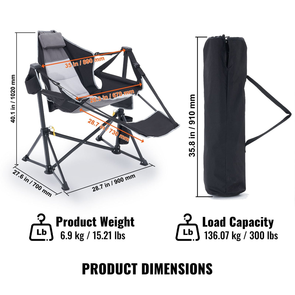 Reclining Camping Chair, 300 lbs Load Camping Hammock Chair, Rocking Lounge Folding Chair with Footrest, Storage Bag, Headrest & Adjustable Backrest, for Camping and Other Outdoor Activities