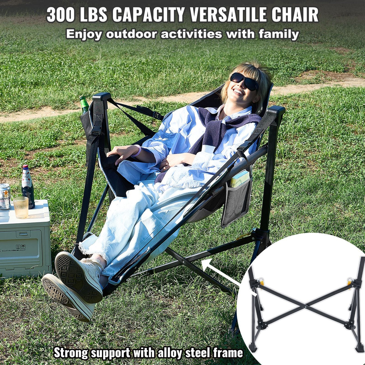 Reclining Camping Chair, 300 lbs Load Camping Hammock Chair, Rocking Lounge Folding Chair with Footrest, Storage Bag, Headrest & Adjustable Backrest, for Camping and Other Outdoor Activities