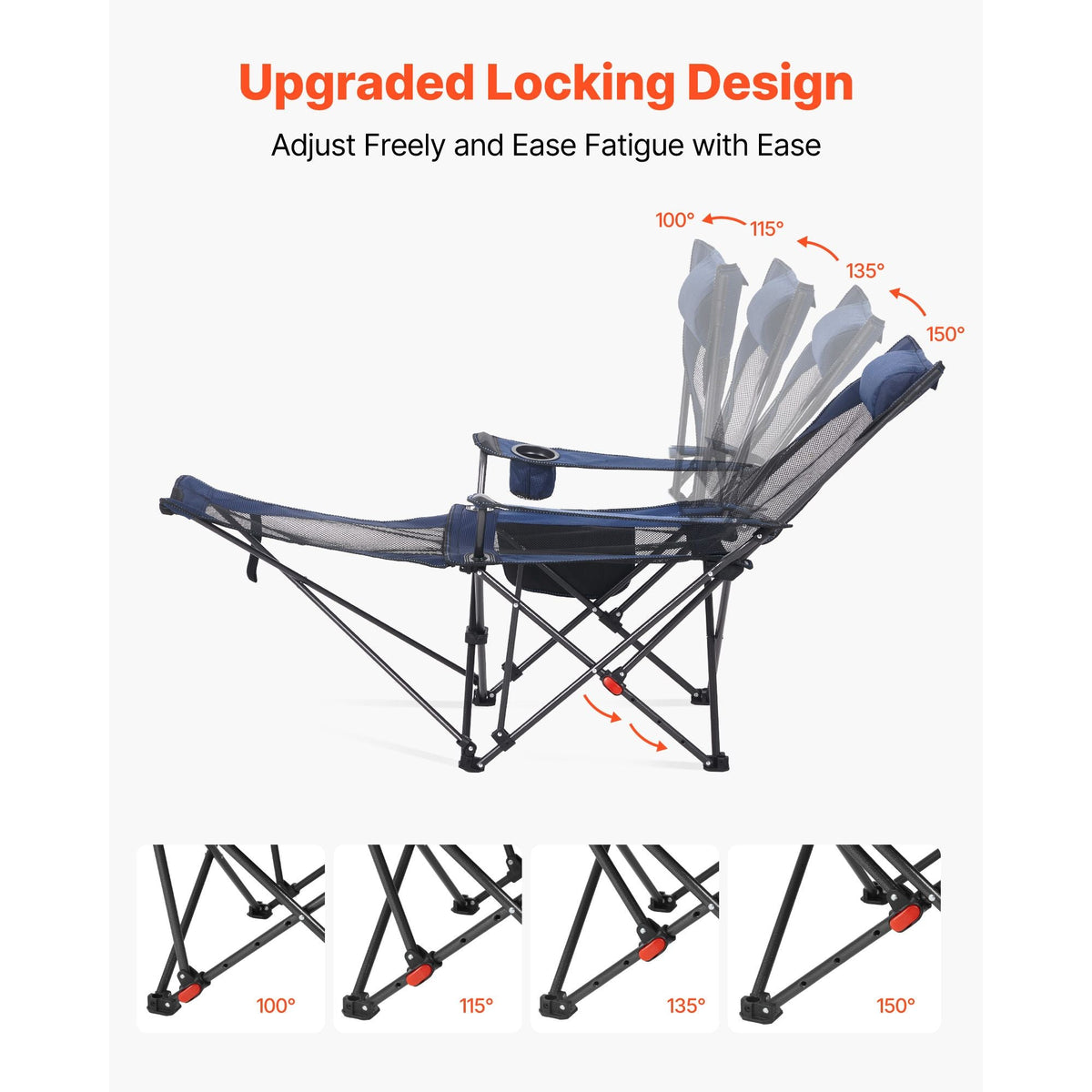 Reclining Camping Chair, 4 Adjustable Positions, Portable Folding Lounger for Adults, Mesh Beach Chair with Headrest & Foot Rest, Supports 220 lbs, Heavy Duty Camp Chairs for Patio, Blue
