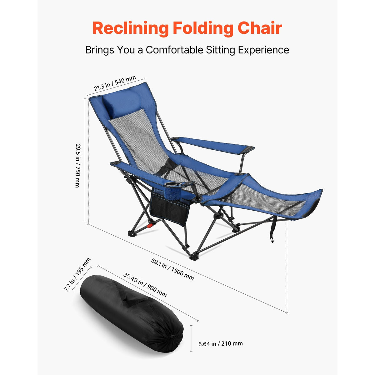Reclining Camping Chair, 4 Adjustable Positions, Portable Folding Lounger for Adults, Mesh Beach Chair with Headrest & Foot Rest, Supports 220 lbs, Heavy Duty Camp Chairs for Patio, Blue
