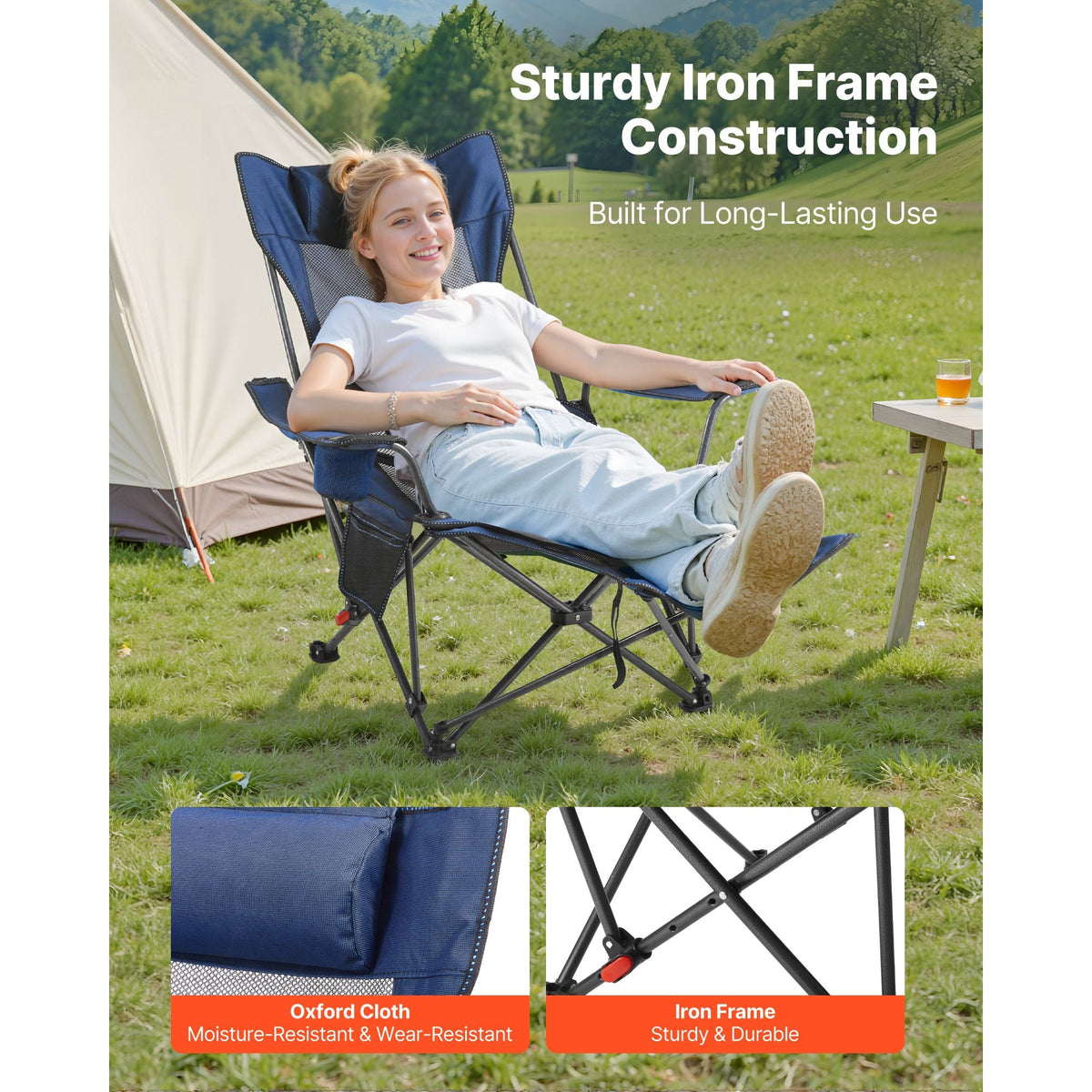 Reclining Camping Chair, 4 Adjustable Positions, Portable Folding Lounger for Adults, Mesh Beach Chair with Headrest & Foot Rest, Supports 220 lbs, Heavy Duty Camp Chairs for Patio, Blue
