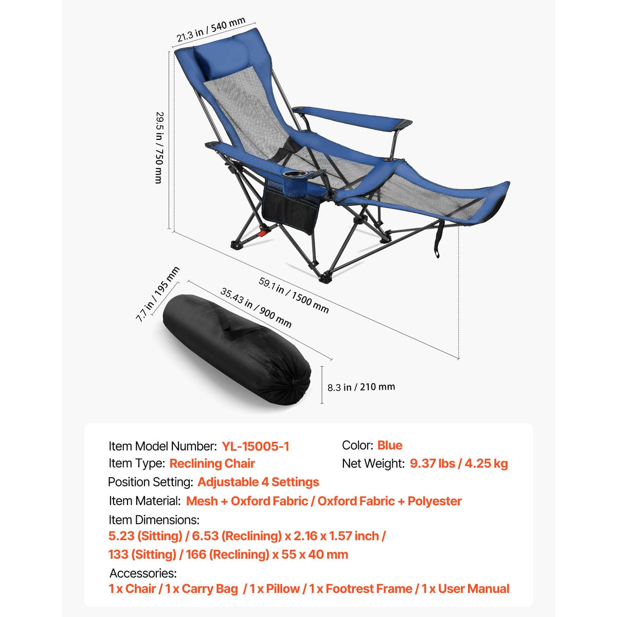 Reclining Camping Chair, 4 Adjustable Positions, Portable Folding Lounger for Adults, Mesh Beach Chair with Headrest & Foot Rest, Supports 220 lbs, Heavy Duty Camp Chairs for Patio, Blue