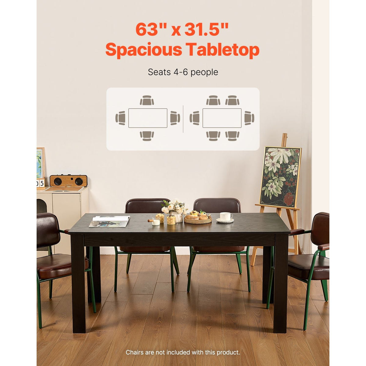 Rectangle Dining Table, 63 inch Length Large Wood Tables for 4-6 Person, Modern Dinner Furniture, Conference Desk Supporting for 330LBS, for Home Kitchen Living Room, Black(Only Table)