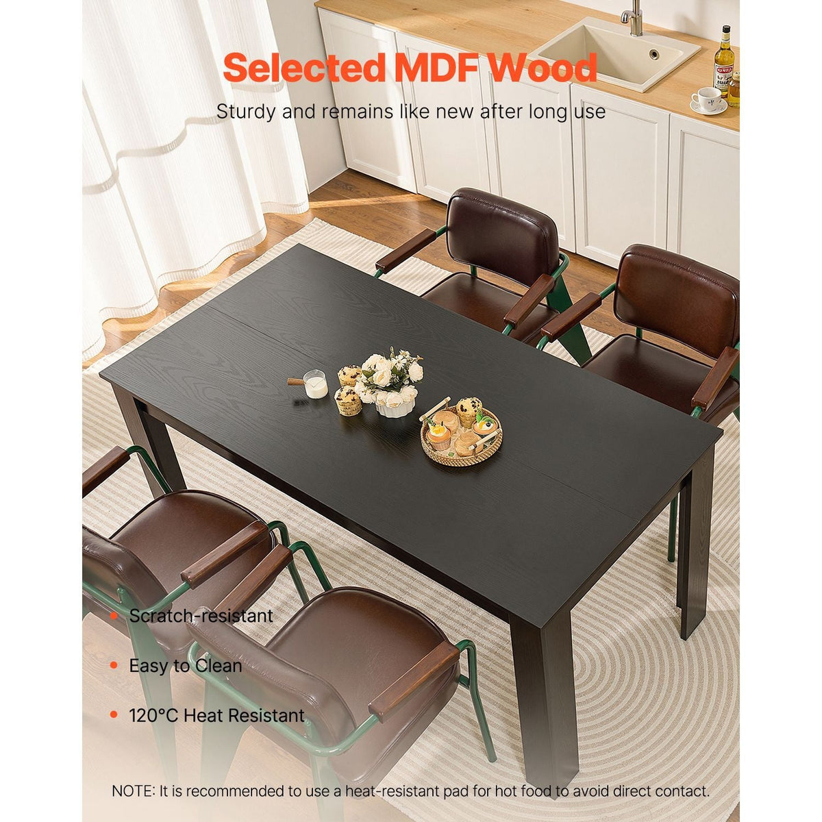 Rectangle Dining Table, 63 inch Length Large Wood Tables for 4-6 Person, Modern Dinner Furniture, Conference Desk Supporting for 330LBS, for Home Kitchen Living Room, Black(Only Table)
