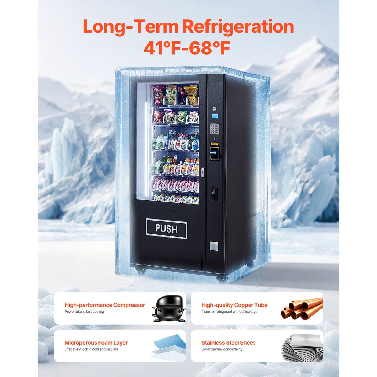 Refrigerated Combo Vending Machine, 60 Slots Commercial Snack Soda Drink Vending Machine with ICT Bill/Coin Acceptor, 6-layer Large Capacity for Business, Shopping Mall, Office, School