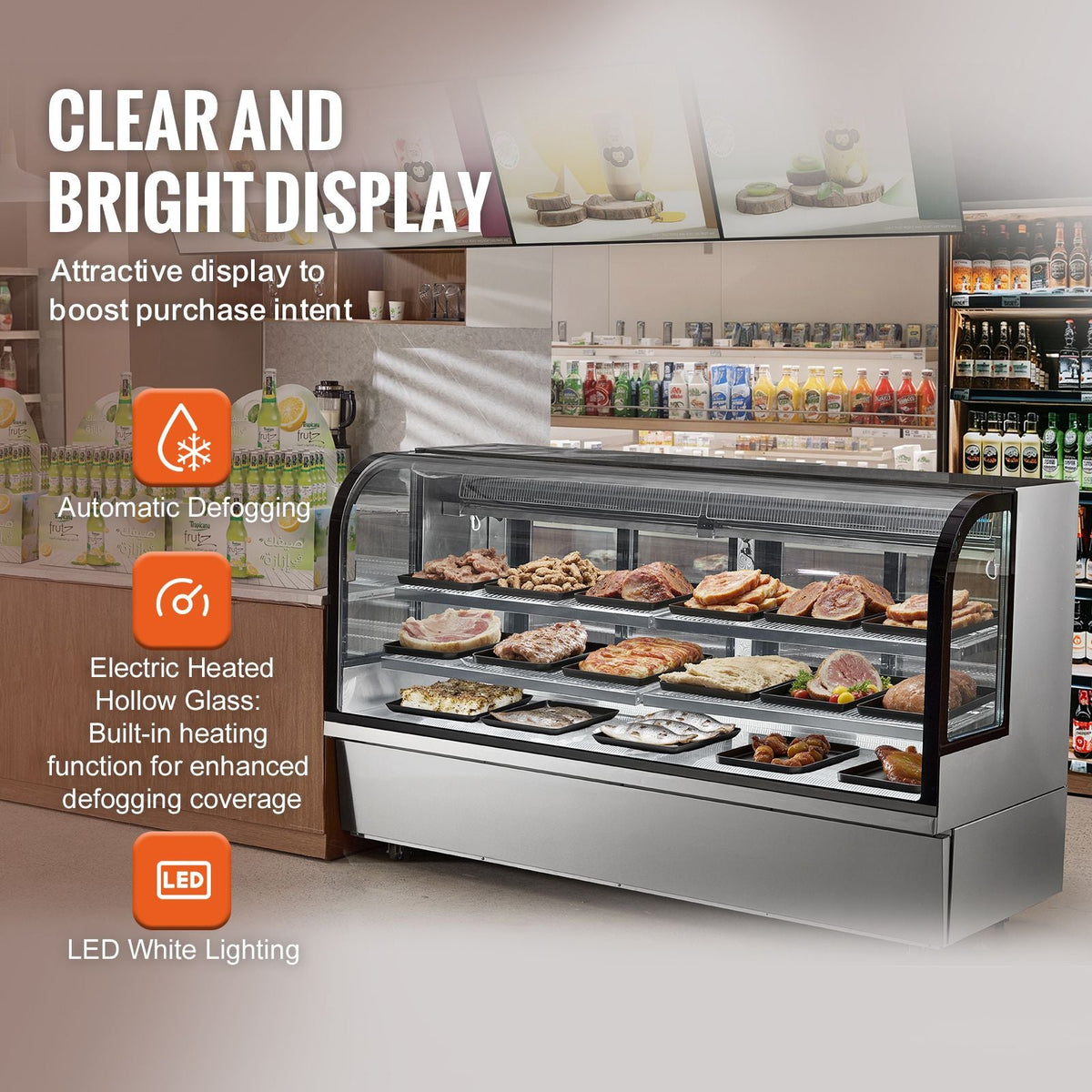 Refrigerated Display Case, 32 Cu.Ft./901L Large Pastry Display Case, 4-Tier Commercial Display Refrigerator with LED Lighting, Downdraft Cooling, Movable with Casters, for Bakery
