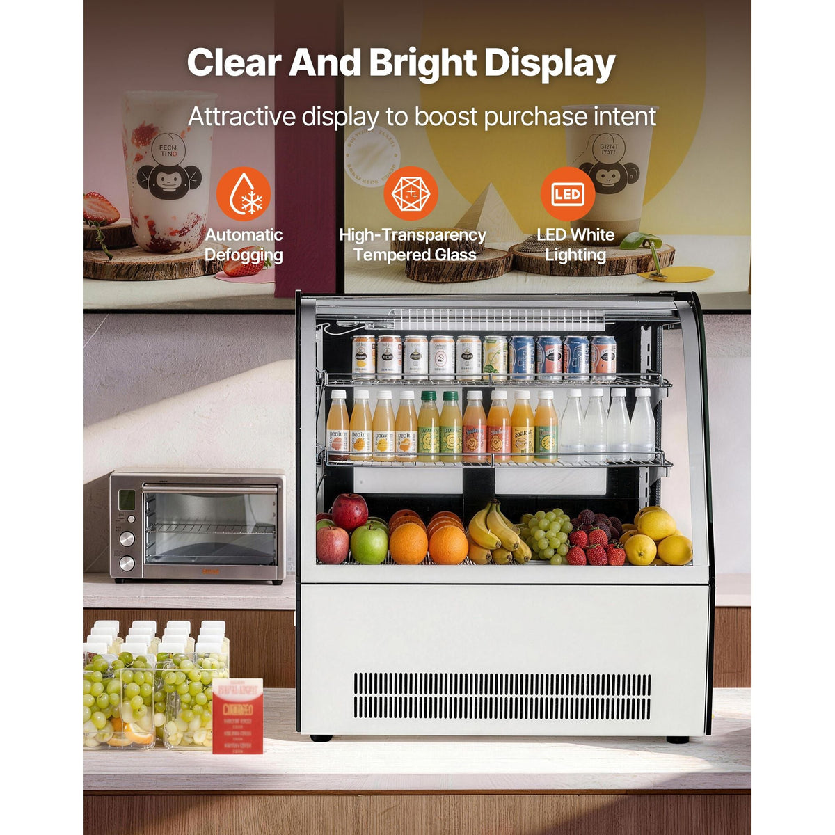 Refrigerated Display Case, 4.2 Cu.Ft./105L Countertop Pastry Display Case, 2-Tier Commercial Cake Refrigerator with LED Lighting, TURBO Cooling, Frost-Free Air-Cooling, for Bakery, Dessert Shop