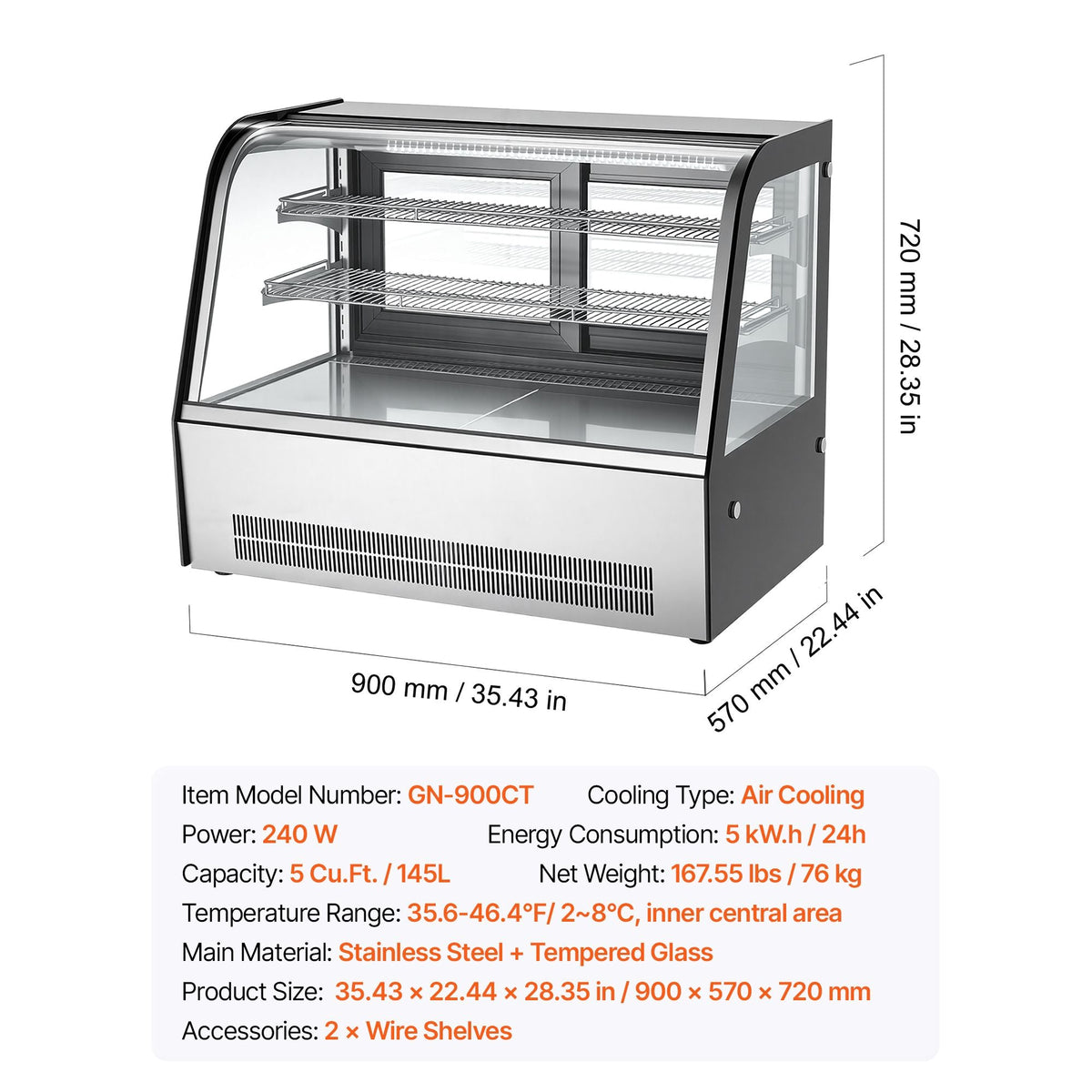 Refrigerated Display Case, 5 Cu.Ft./145L Countertop Pastry Display Case, 2-Tier Commercial Cake Refrigerator with LED Lighting, TURBO Cooling, Frost-Free Air-Cooling, for Bakery, Dessert Shop