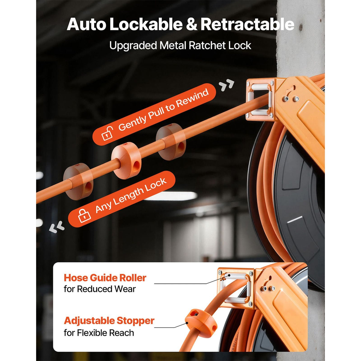 Retractable Air Hose Reel, 1/2 Inch x 50 FT Rubber Air Hose Max 300PSI, Auto Rewind Air-Compressor Hoses Reel with 5 ft Lead in, Ceiling/Wall Mount for Garage Workshops