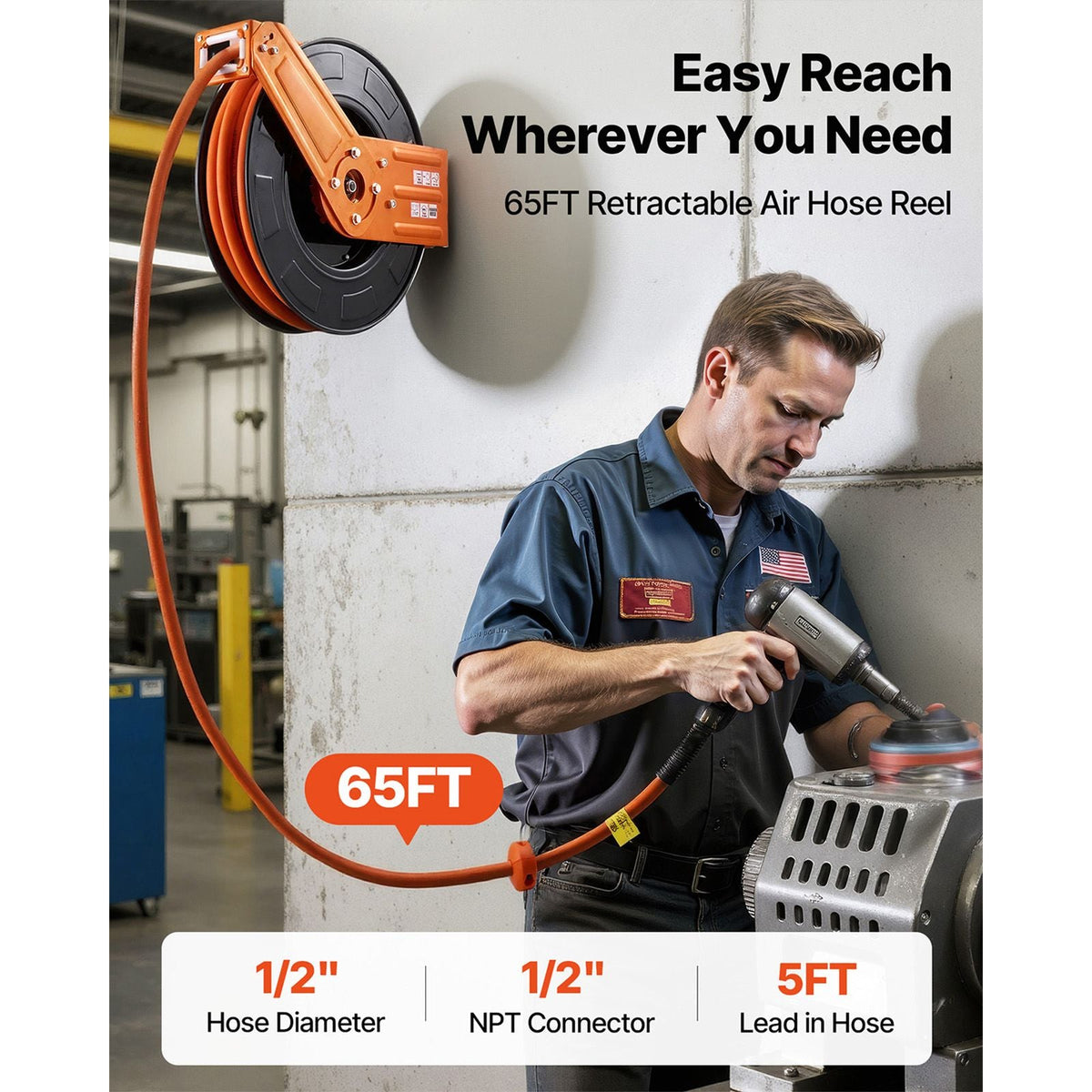 Retractable Air Hose Reel, 1/2 Inch x 65 FT Rubber Air Hose Max 300PSI, Auto Rewind Air-Compressor Hoses Reel with 5 ft Lead in, Ceiling/Wall Mount for Garage Workshops