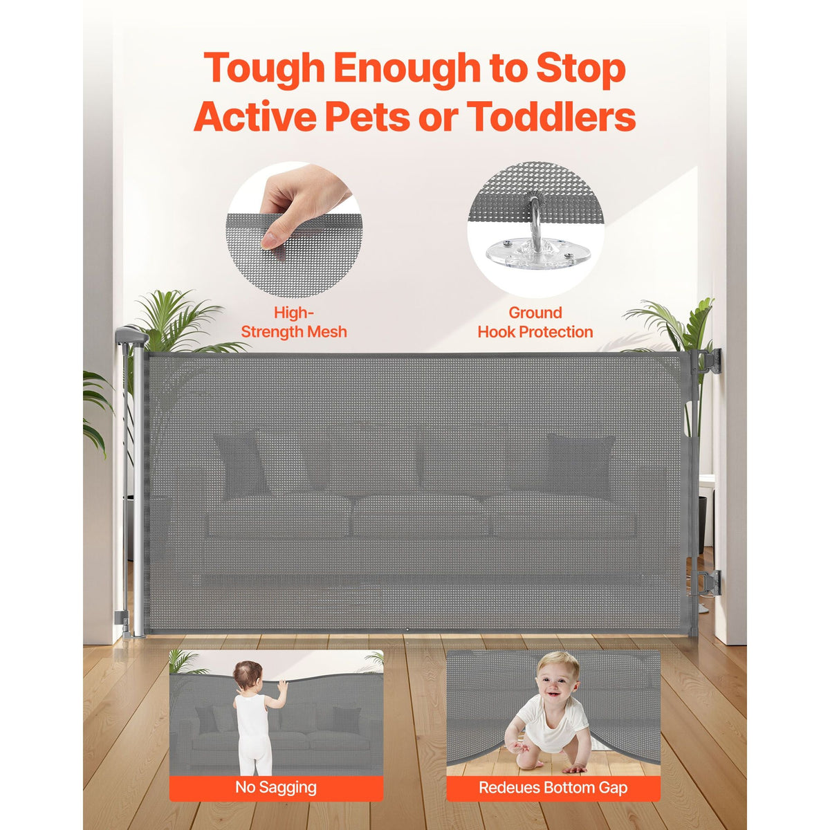 Retractable Baby Gate, Extends to 56.3 inch Wide, 31.3 inch Tall, with Security Lock, Easy to Use, Walk Through Without Tripping, Mesh Dog Gate for Stairs, Hallways, Indoor/Outdoor, Gray