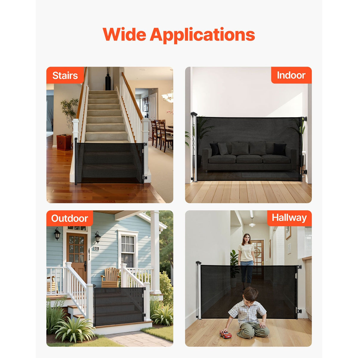 Retractable Baby Gate, Extends to 57 inch Wide, 38.5 inch Tall, with Security Lock, Easy to Use, Walk Through Without Tripping, Mesh Dog Gate for Stairs, Hallways, Indoor/Outdoor, Black