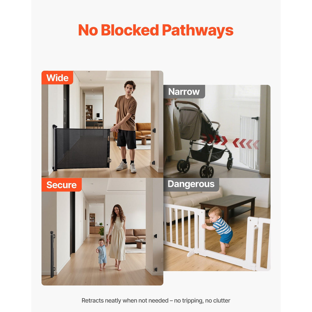 Retractable Baby Gate, Extends to 72.8 inch Wide, 31.3 inch Tall, with Security Lock, Easy to Use, Walk Through Without Tripping, Mesh Dog Gate for Stairs, Hallways, Indoor/Outdoor, Black