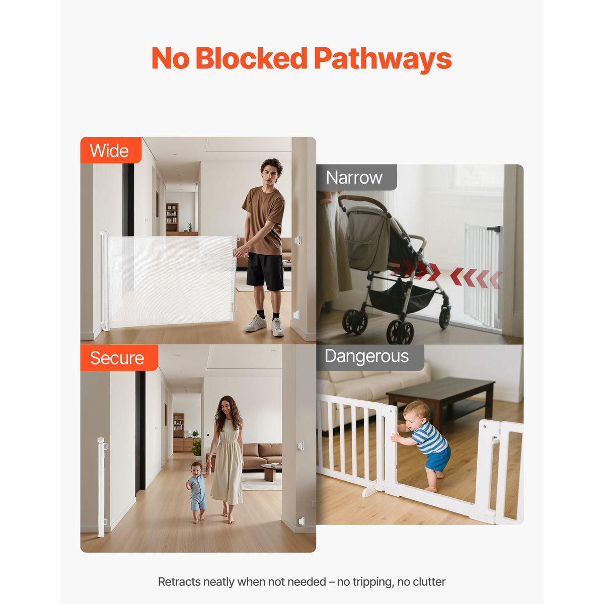Retractable Baby Gate, Extends to 72.8 inch Wide, 31.3 inch Tall, with Security Lock, Easy to Use, Walk Through Without Tripping, Mesh Dog Gate for Stairs, Hallways, Indoor/Outdoor, White