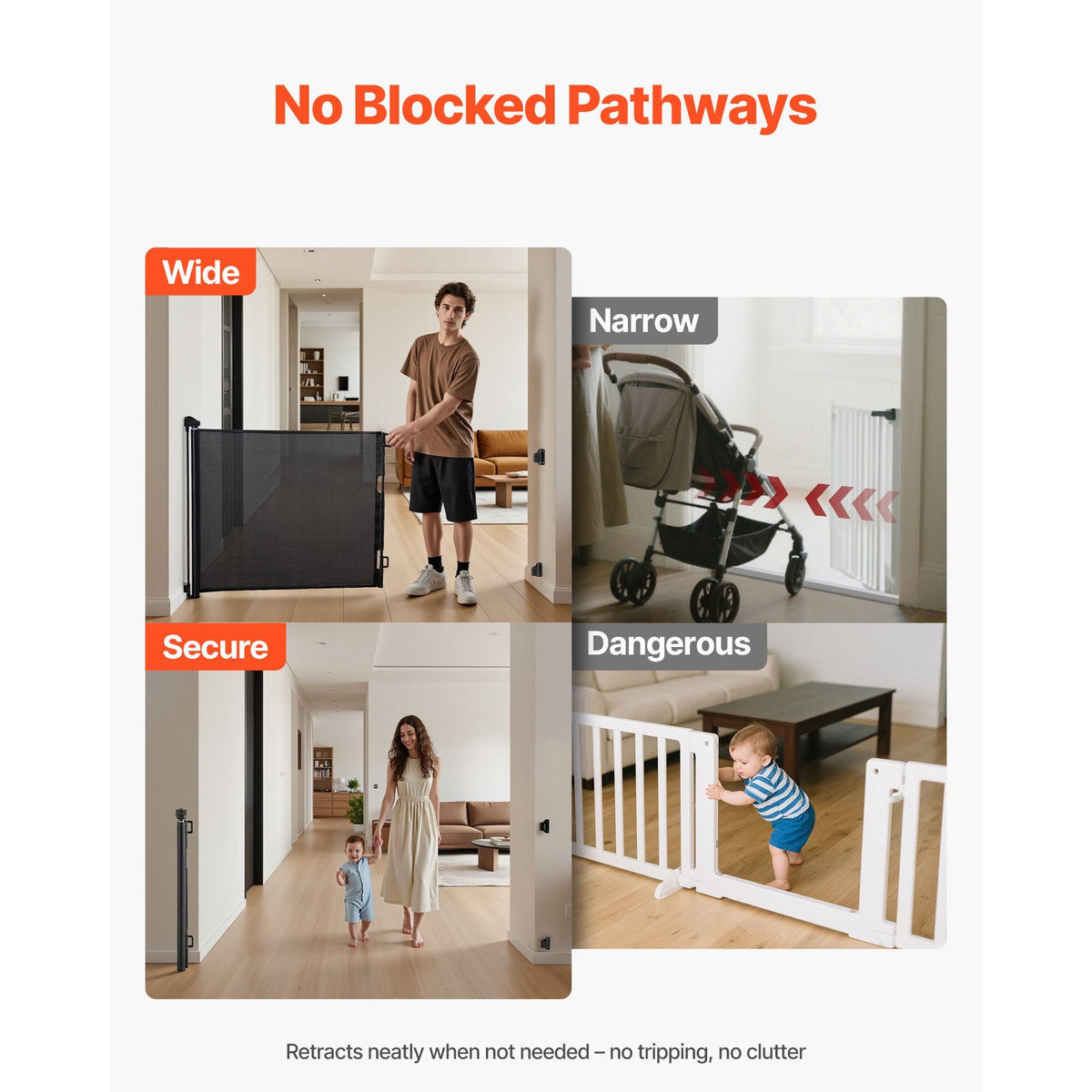 Retractable Baby Gate, Extends to 72.8 inch Wide, 38.5 inch Tall, with Security Lock, Easy to Use, Walk Through Without Tripping, Mesh Dog Gate for Stairs, Hallways, Indoor/Outdoor, Black