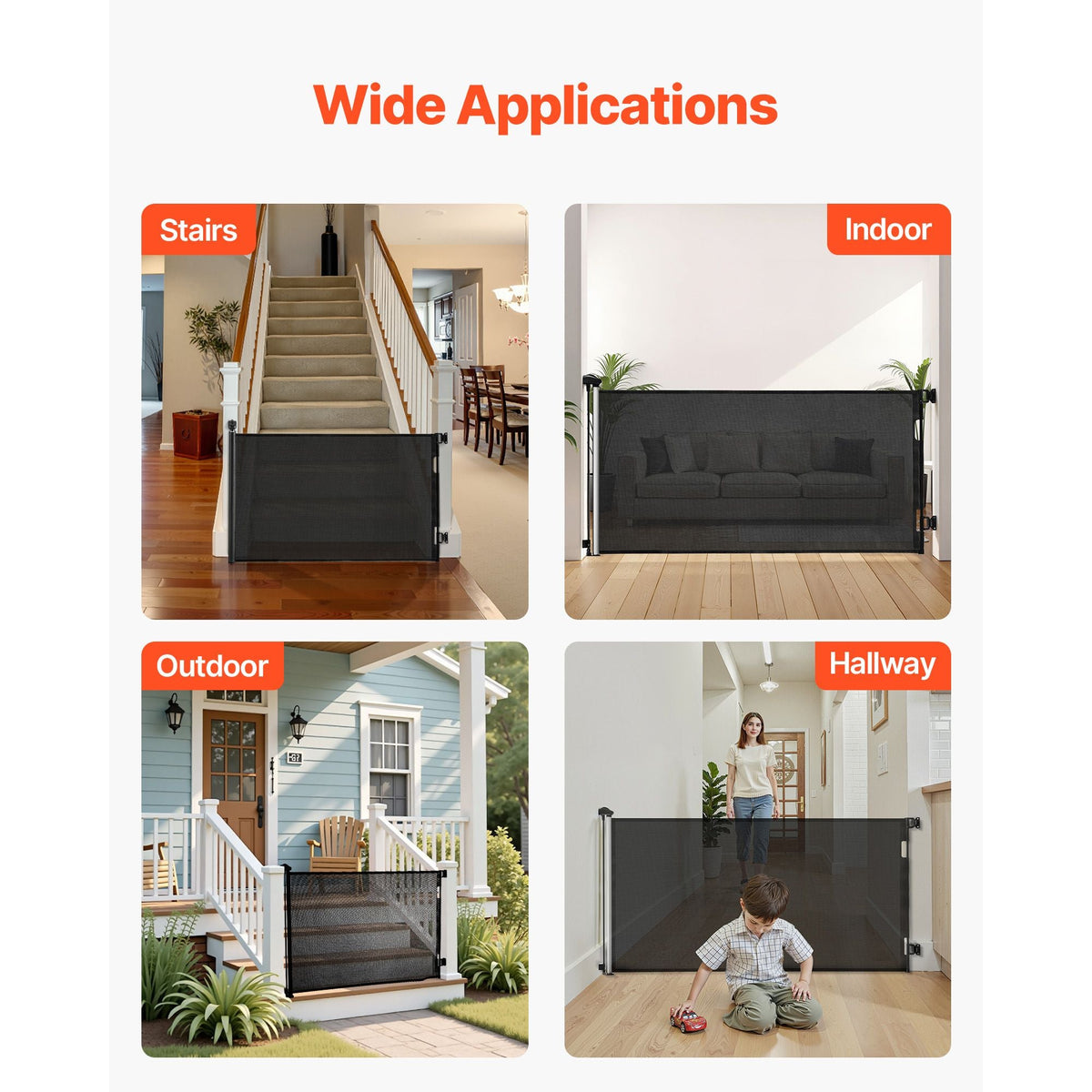 Retractable Baby Gate, Extends to 72.8 inch Wide, 38.5 inch Tall, with Security Lock, Easy to Use, Walk Through Without Tripping, Mesh Dog Gate for Stairs, Hallways, Indoor/Outdoor, Black