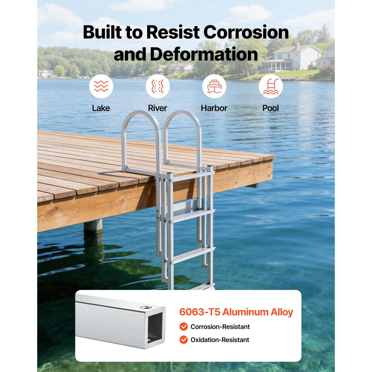 Retractable Dock Ladder, 4 Steps, Aluminum Alloy Pontoon Boat Swim Ladder with Auto-Lift Float, Non-Slip Wide Steps, 500 lbs Weight Capacity, Adjustable Height, for Lake Pool Marine Boarding