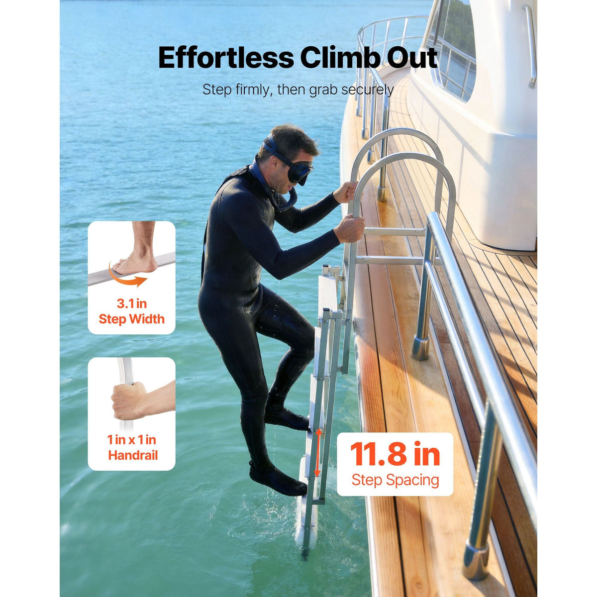 Retractable Dock Ladder, 5 Steps, Aluminum Alloy Pontoon Boat Swim Ladder with Auto-Lift Float, Non-Slip Wide Steps, 500 lbs Weight Capacity, Adjustable Height, for Lake Pool Marine Boarding