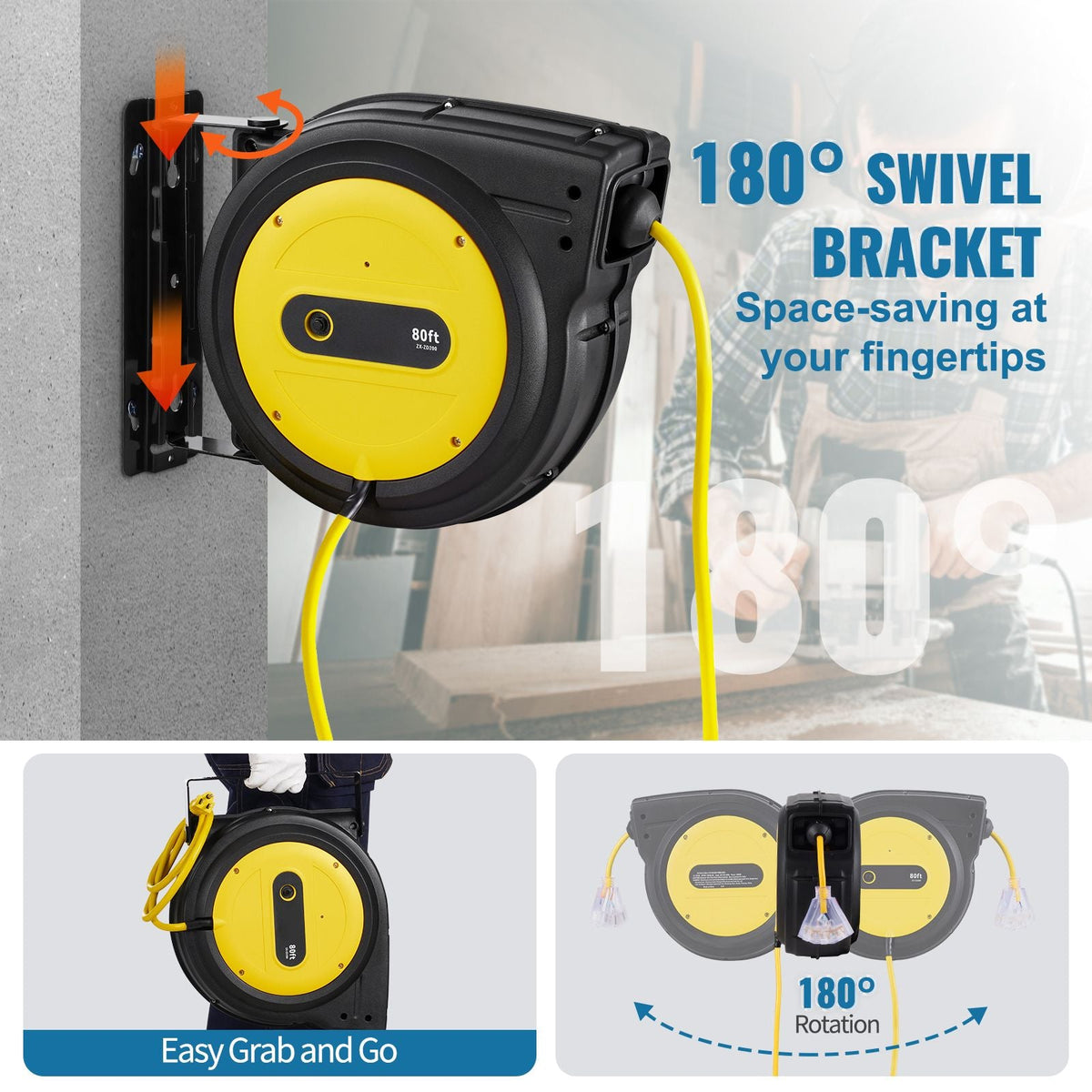 Retractable Extension Cord Reel, 80 FT, Heavy Duty 12AWG/3C SJTOW Retractable Power Cord with Lighted Triple Tap Outlet, 15 Amp Circuit Breaker 180° Swivel Bracket for Ceiling or Wall Mount