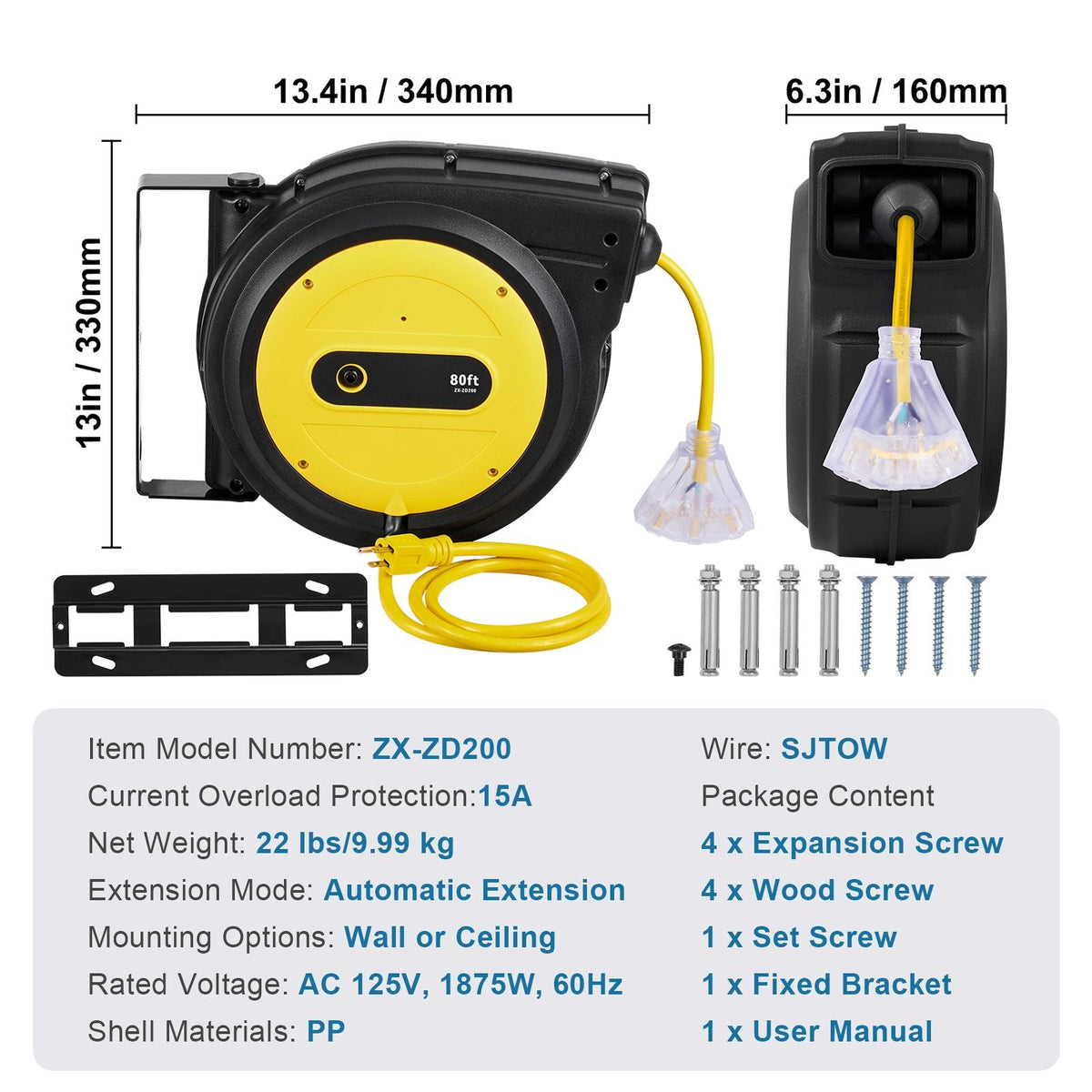 Retractable Extension Cord Reel, 80 FT, Heavy Duty 12AWG/3C SJTOW Retractable Power Cord with Lighted Triple Tap Outlet, 15 Amp Circuit Breaker 180° Swivel Bracket for Ceiling or Wall Mount