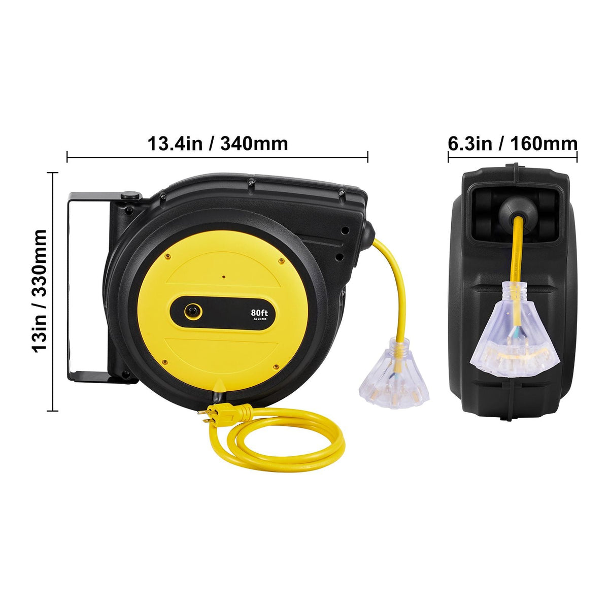 Retractable Extension Cord Reel, 80 FT, Heavy Duty 12AWG/3C SJTOW Retractable Power Cord with Lighted Triple Tap Outlet, 15 Amp Circuit Breaker 180° Swivel Bracket for Ceiling or Wall Mount
