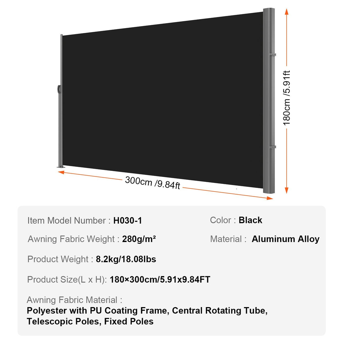 Retractable Side Awning, 71''x 118'' Aluminum Outdoor Privacy Screen, 280g Polyester Water-proof Retractable Patio Screen, UV 30+ Room Divider Wind Screen for Patio, Backyard, Balcony, Black