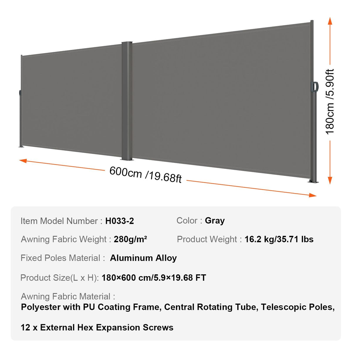 Retractable Side Awning, 71''x 236'' Aluminum Outdoor Privacy Screen, 280g Polyester Water-proof Retractable Patio Screen, UV 30+ Room Divider Wind Screen for Patio, Backyard, Balcony, Gray