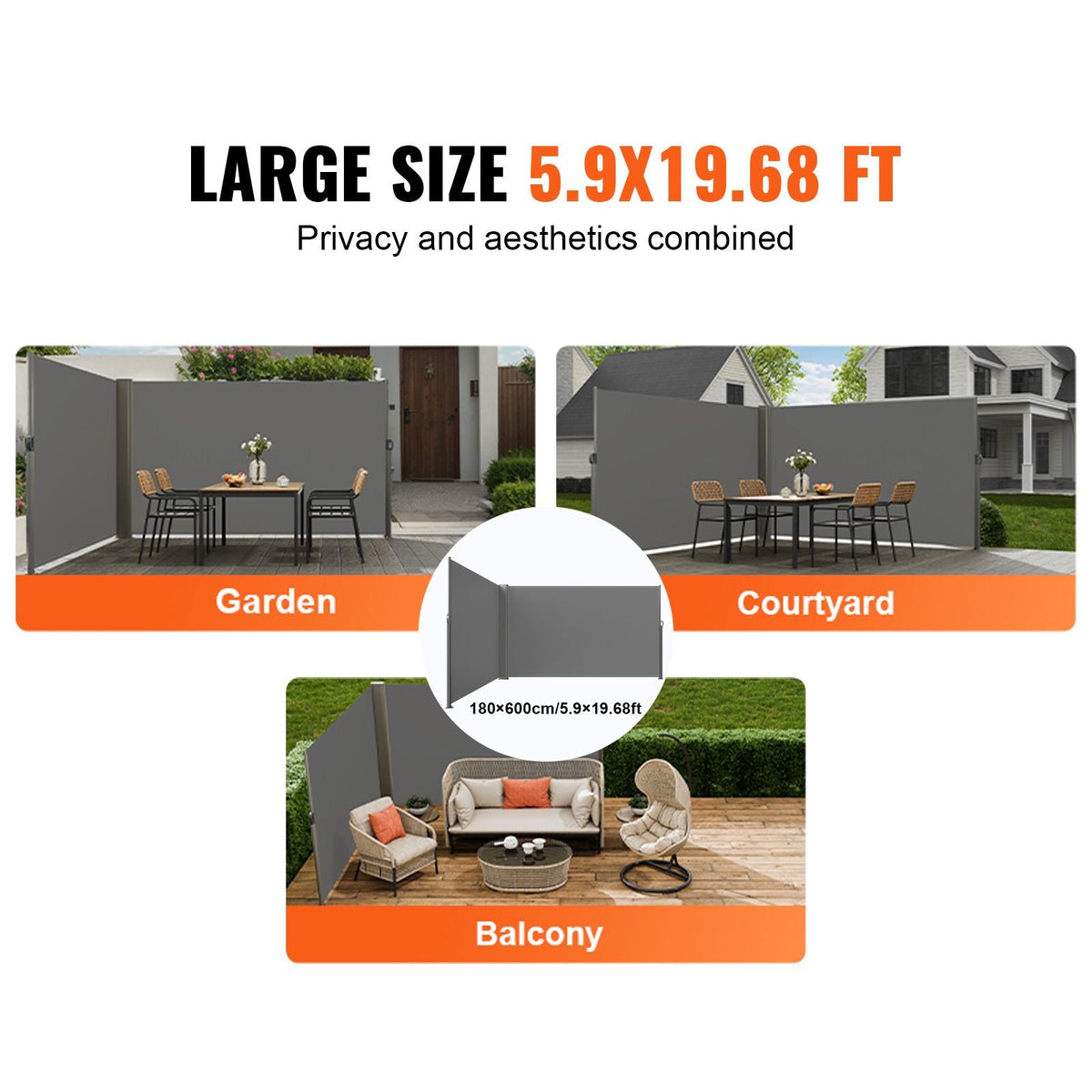 Retractable Side Awning, 71''x 236'' Aluminum Outdoor Privacy Screen, 280g Polyester Water-proof Retractable Patio Screen, UV 30+ Room Divider Wind Screen for Patio, Backyard, Balcony, Gray