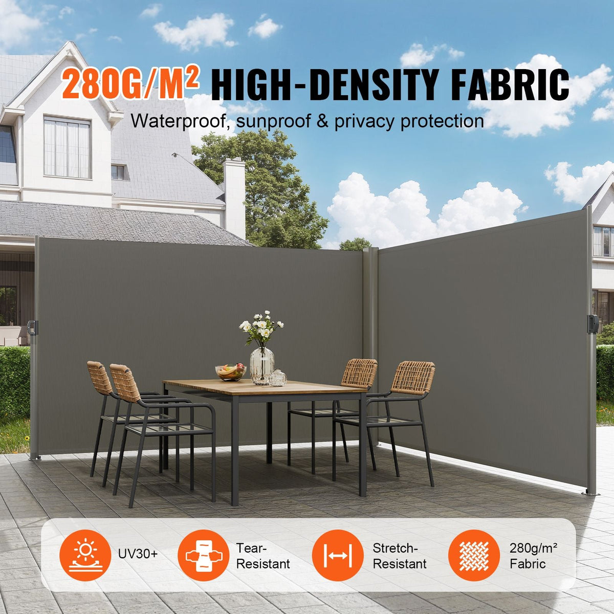 Retractable Side Awning, 71''x 236'' Aluminum Outdoor Privacy Screen, 280g Polyester Water-proof Retractable Patio Screen, UV 30+ Room Divider Wind Screen for Patio, Backyard, Balcony, Gray