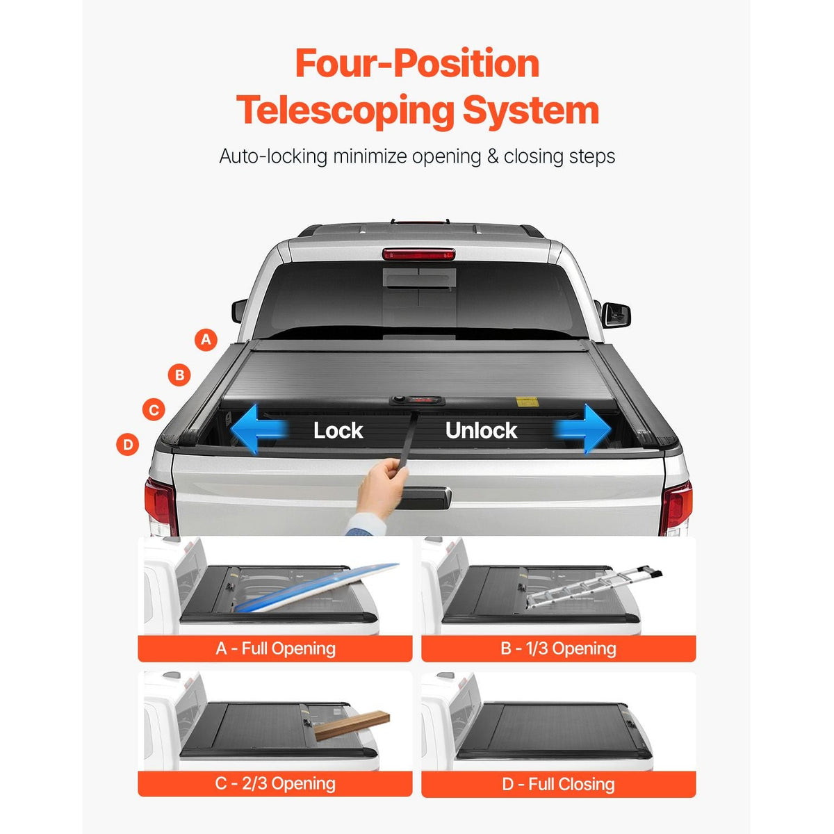 Retractable Tonneau Cover, 5.7 ft Hard Retractable Tonneau Cover with Built-in Drainage Pipe for 2021-2024 Dodge Ram 1500 Crew Cab , Customized Hard Tonneau Cover with Double-Lock & T-Slot