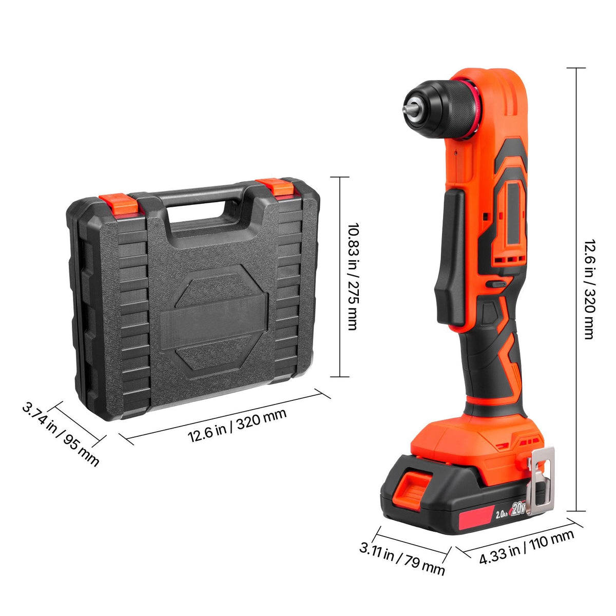 Right Angle Drill, 3/8 Inch Chuck, 90 Degree Cordless Right Angle Drill with Brushless Motor, Battery, Charger, and Belt Clip, Adjustable Speed, for Fastening and Loosening in Tight Spaces