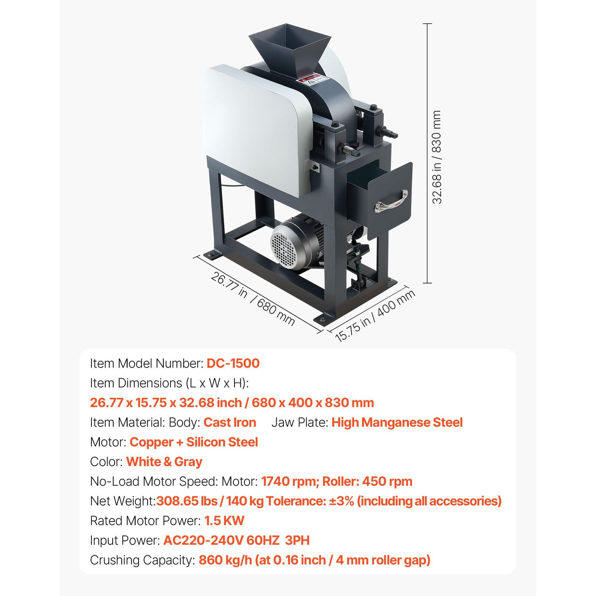 Rock Crusher, 220V Double Roller Crushers, Industrial Shredder with 2.56x0.59 inch Dual Feed Inlets, 1740RPM Speed Stone Grinder Rock Crusher, 1.5KW Electric Shatter Pulverizer, 860kg/h Crushing