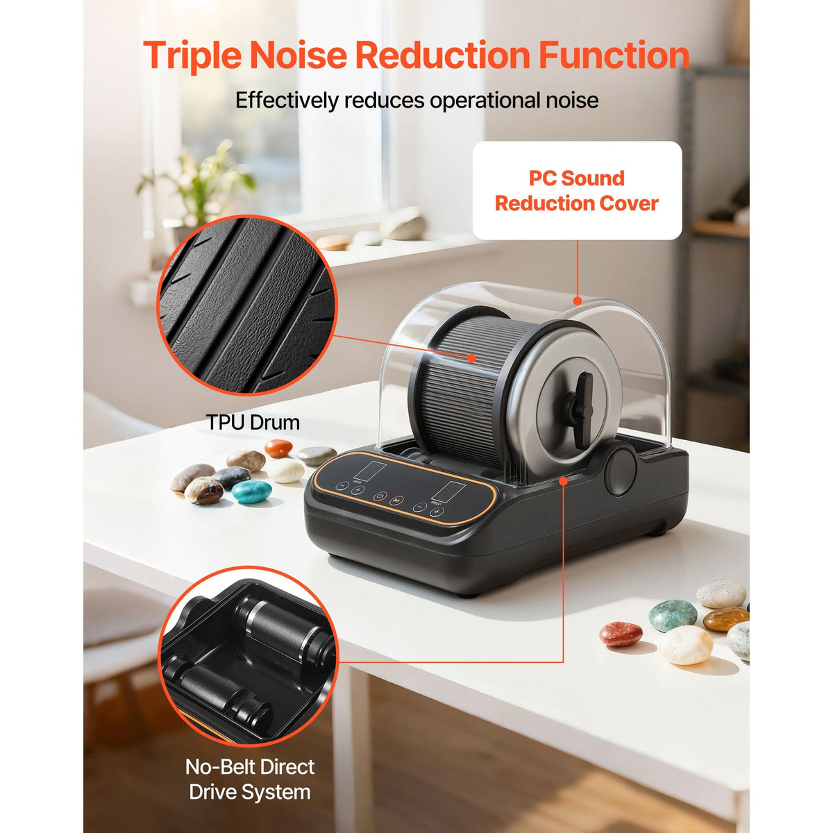 Rock Tumbler, 1 lb Rock Polishing Machine, Rocks Tumbling Kit with 4-Speed Adjustment, 1–9 Day Timer, PC Sound Reduction Cover & TPU Drum, Direct Drive Motor Rocks Polishing, Quiet Operation