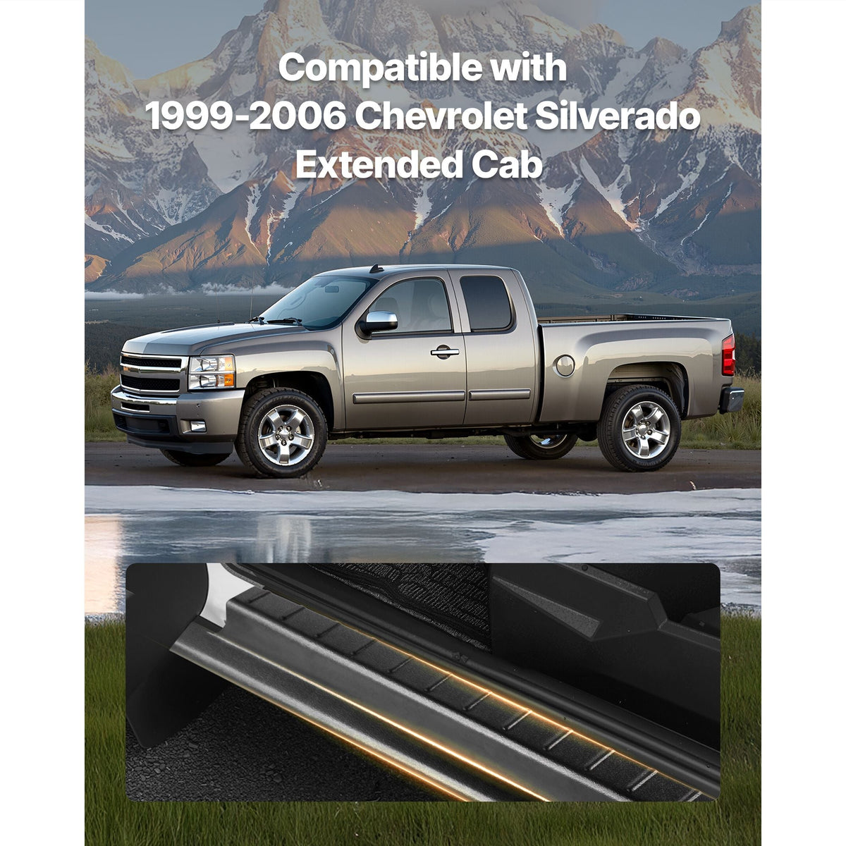 Rocker Panel Guard, 4-Piece Set, Compatible with 1999-2006 Chevrolet Silverado Extended Cab, Replacement for 14089 Trail Armor Side Skirts Extension Body Kit, Driver Side, 3M Adhesive, Black