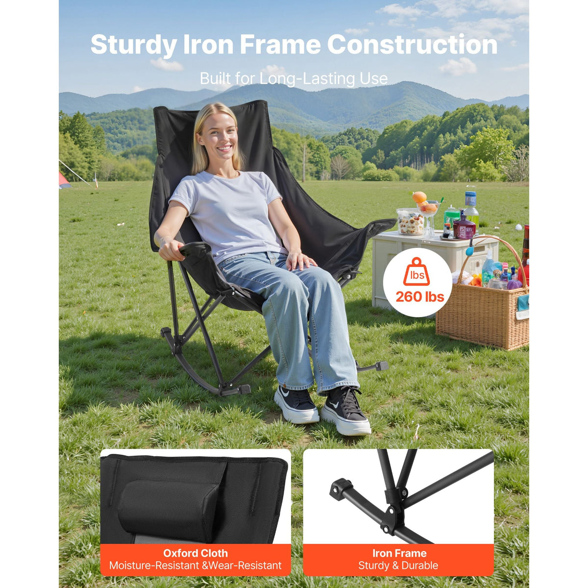 Rocking Camping Chair, Portable Folding Rocker, Heavy-Duty Lawn Chair Recliner with Cupholder & Pocket, Supports 225lbs, Fully Padded Camp Chairs for Outdoor Patio Backyard Porch Garden