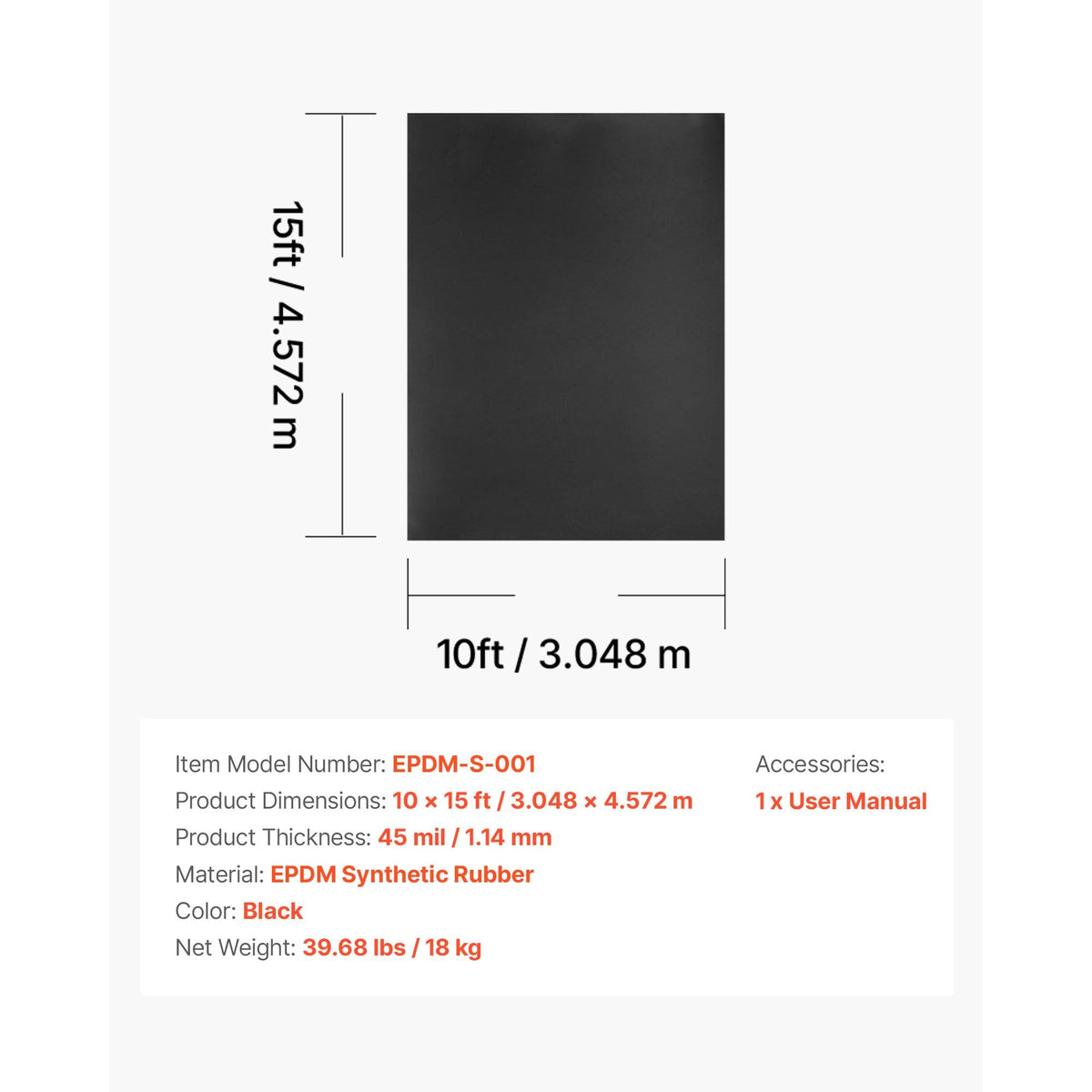 Roll Roofing, 10 x 15 ft, 45 mil EPDM Rubber Roofing, Long Lifespan & Weather-resistant, Withstands Harsh Temperatures, Flexible & Easy Installation, Roof Underlayment for RVs, Roofs, Ponds