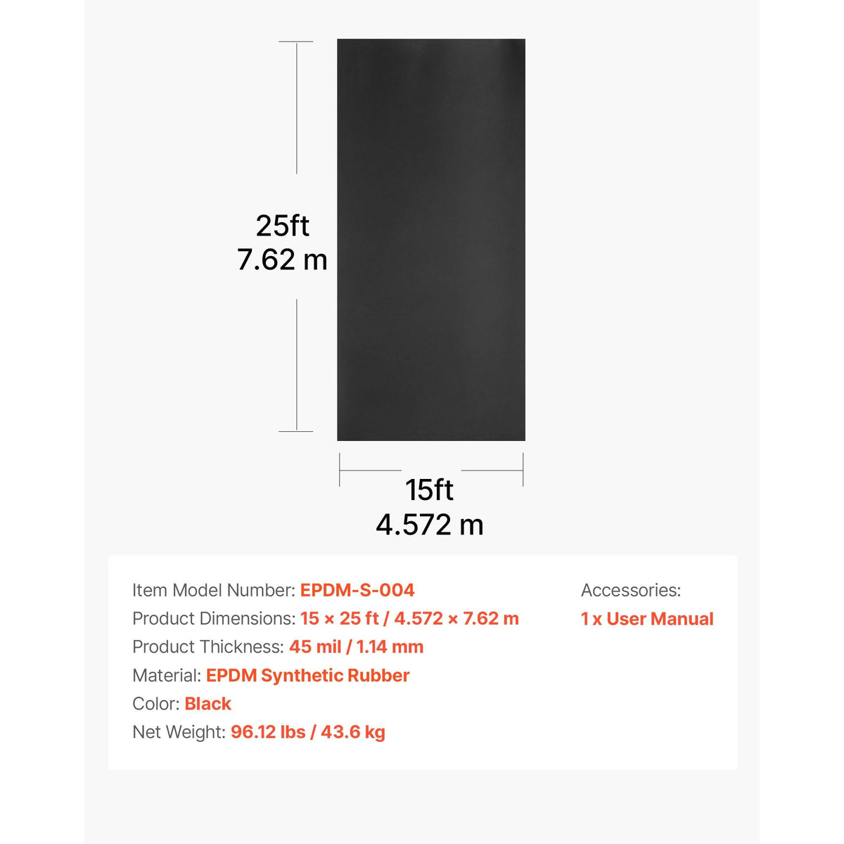 Roll Roofing, 15 x 25 ft, 45 mil EPDM Rubber Roofing, Long Lifespan & Weather-resistant, Withstands Harsh Temperatures, Flexible & Easy Installation, Roof Underlayment for RVs, Roofs, Ponds
